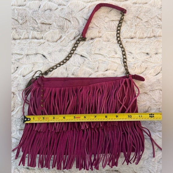 Chinese Laundry Fuchsia, Suede Leather, Chain Strap, Fringe Purse- 11”x8”x2.5” - Picture 9 of 16